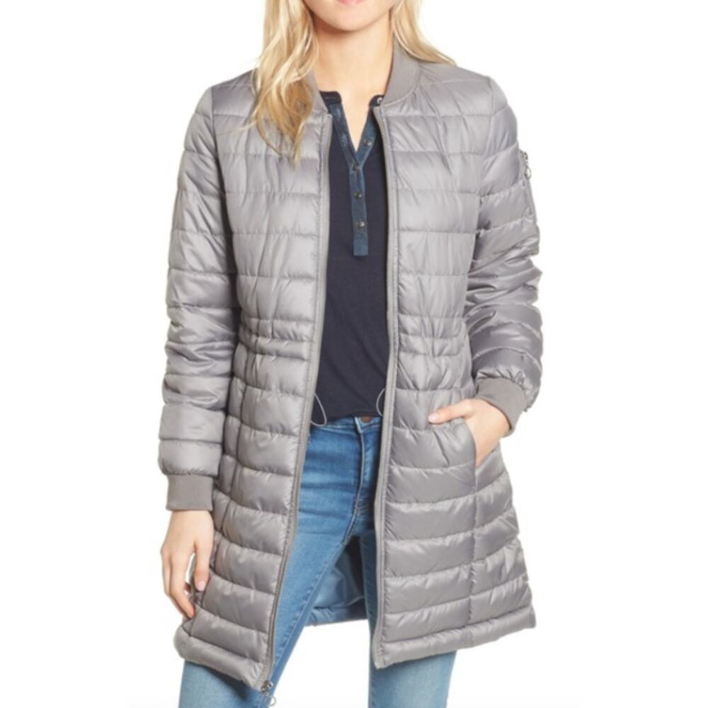 Kenneth Cole Jacket NY Quilted Puffer  WMNS L Gray Long Coat Full Zip Winterwear